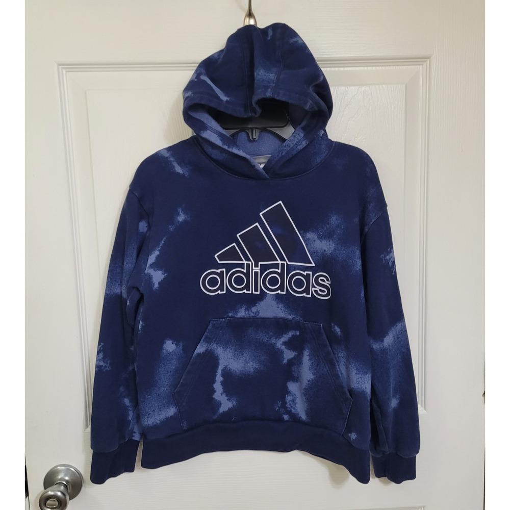 Adidas Boys Blue Fluidity Tie Dye Fleece Hoodie Logo Pullover Size M 10/12